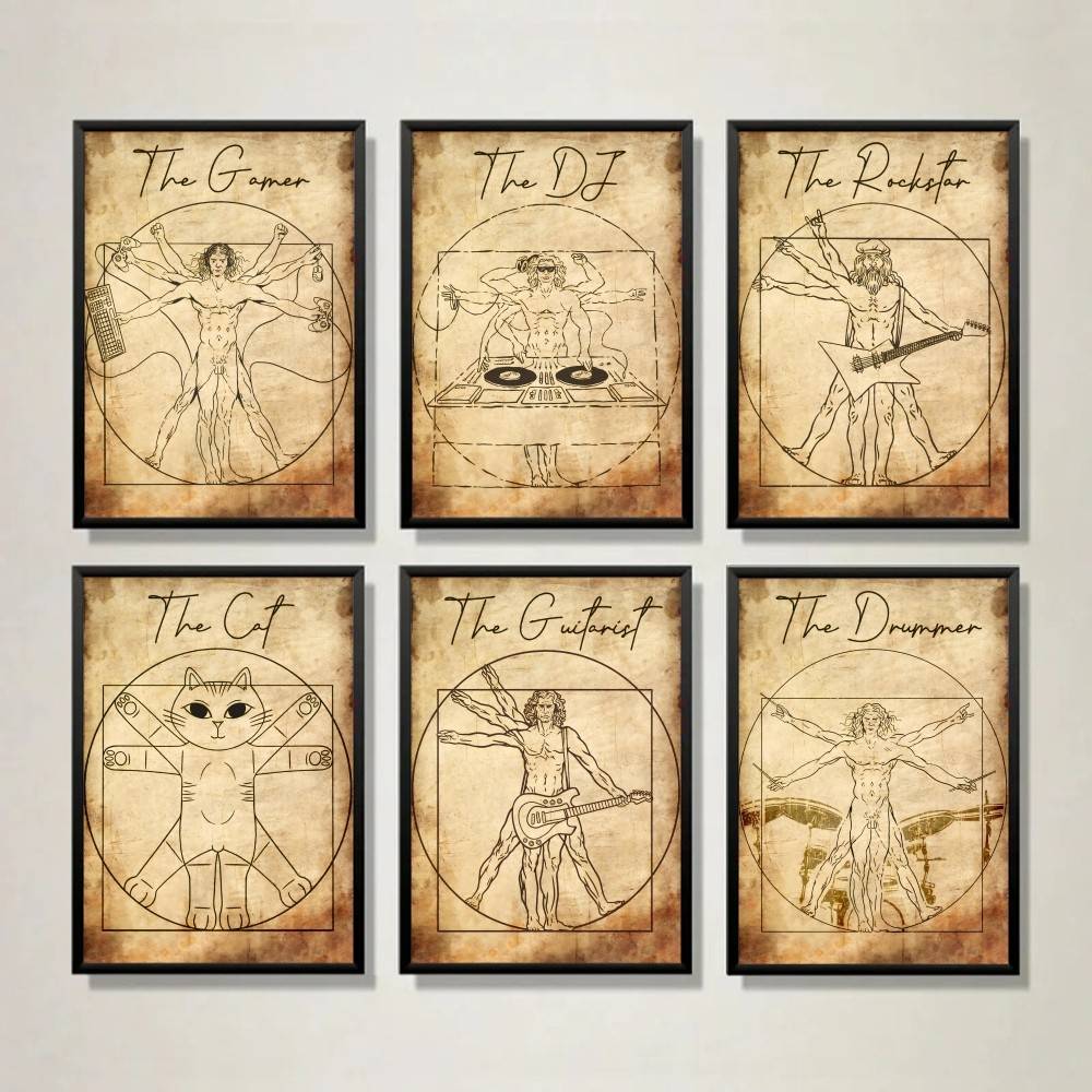 Retro Gaming Wallpaper - Vintage Vitruvian Style Musik-Gamer-Katzen-Poster, Retro-Wandkunst im
