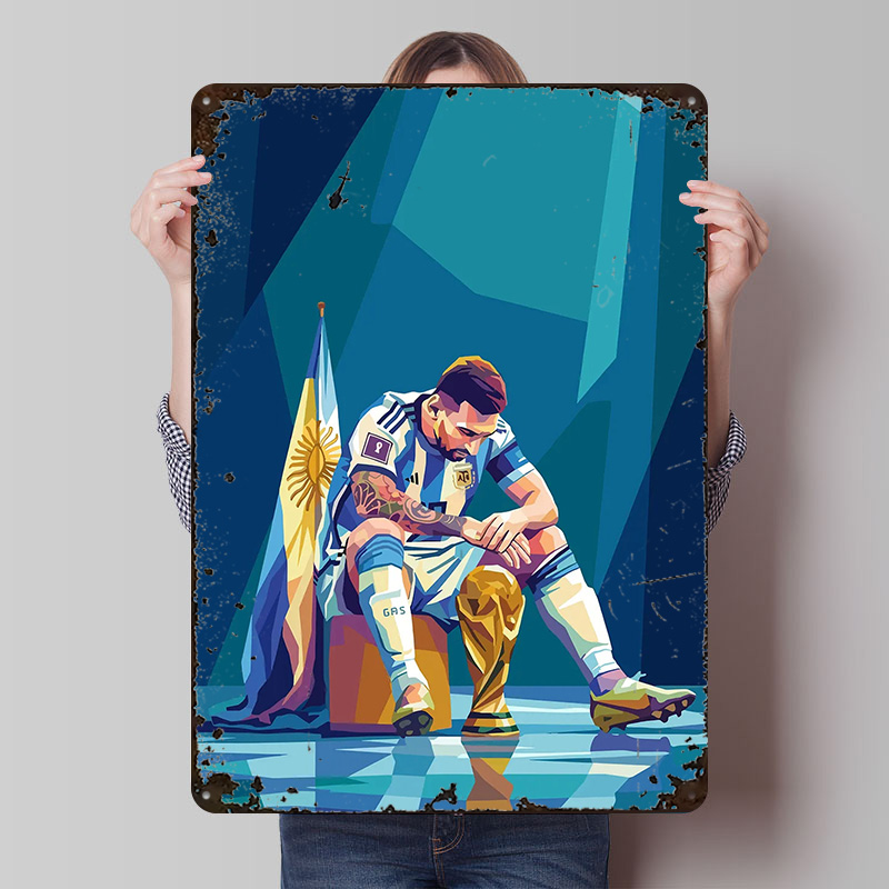 Retro Gaming Desk - Lionel Messi mit Trophäe Poster, personalisierte