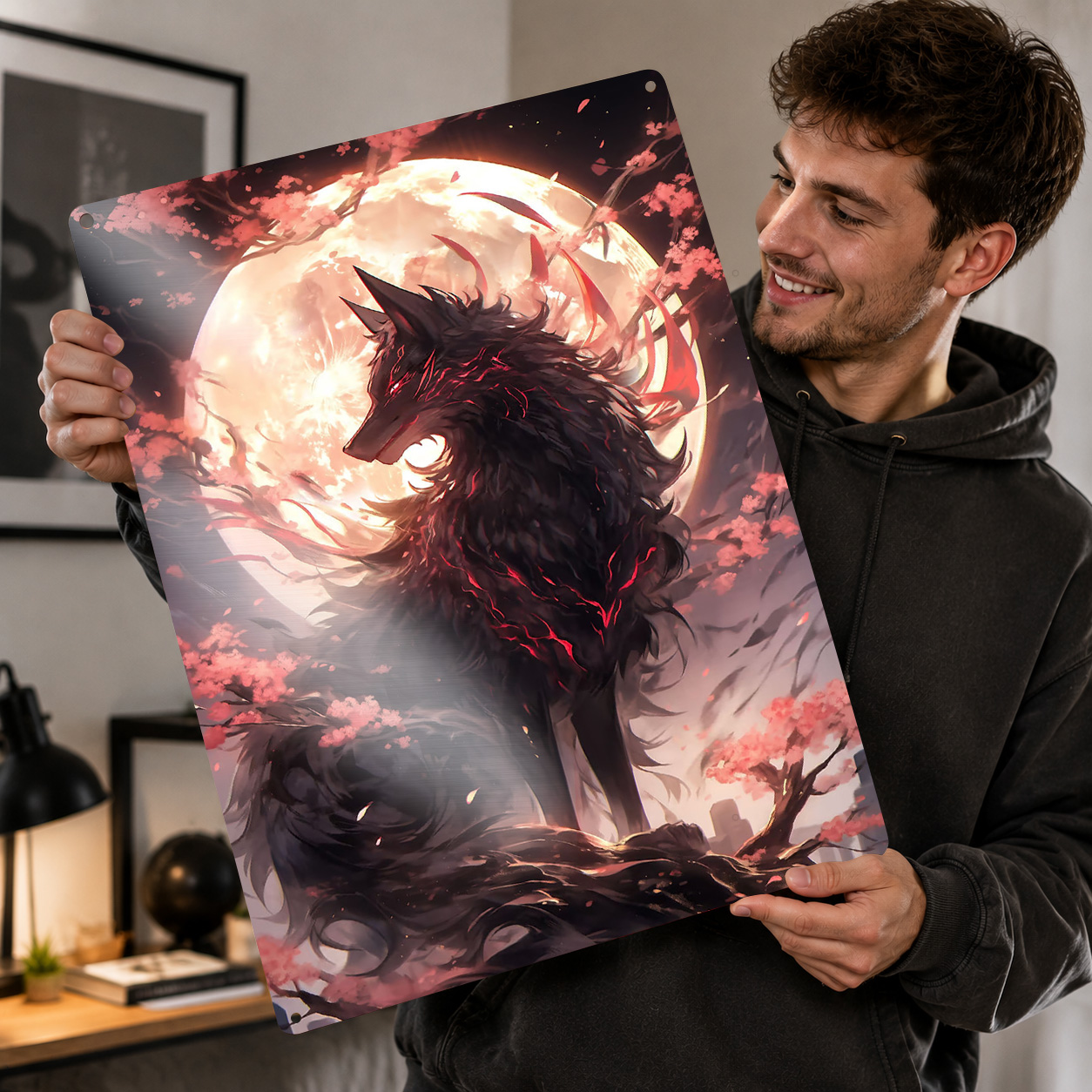 Retro Gaming Desk - Schwarzes Sakura Kitsune 3D-Gedrucktes Textur-Poster Personalisierte